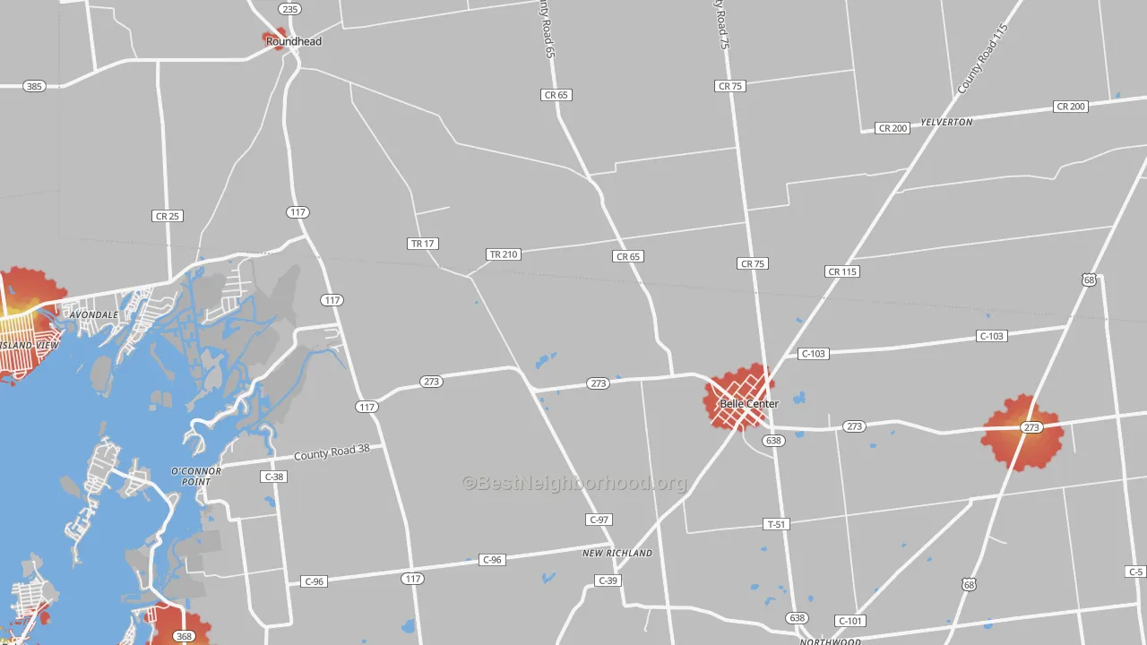 Walk Grade map of 43310, OH, walkable areas in green and car-dependent areas in red