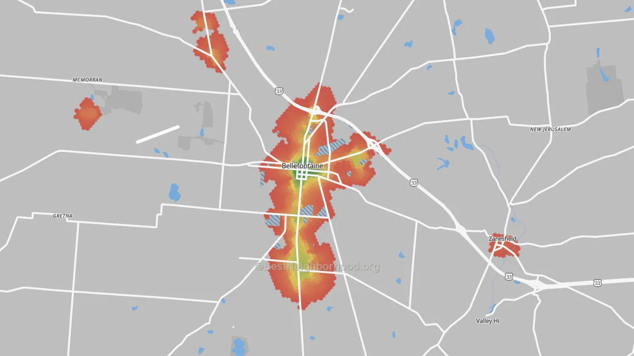 Walk Grade map of 43311, OH, walkable areas in green and car-dependent areas in red