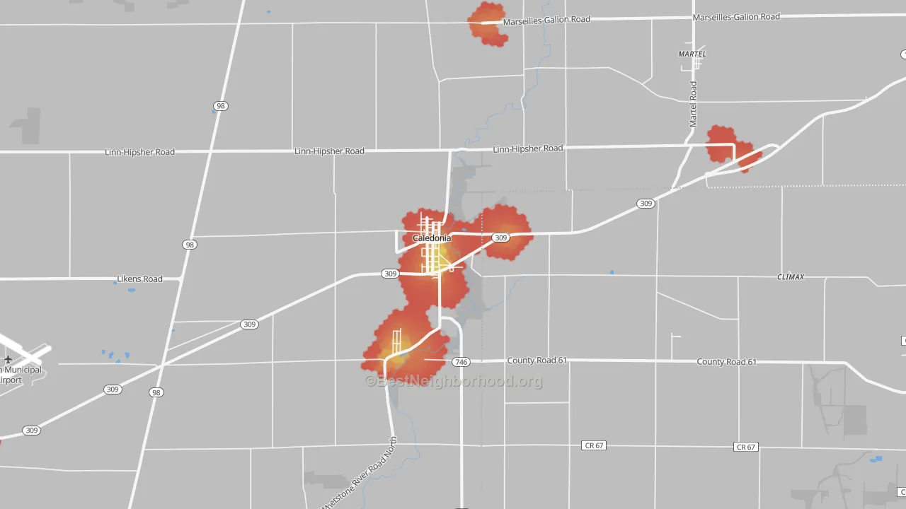 Walk Grade map of 43314, OH, walkable areas in green and car-dependent areas in red
