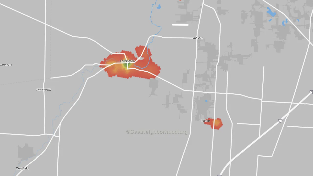 Walk Grade map of 43315, OH, walkable areas in green and car-dependent areas in red