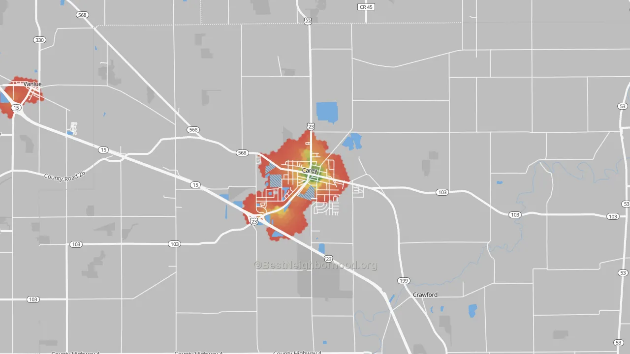 Walk Grade map of 43316, OH, walkable areas in green and car-dependent areas in red