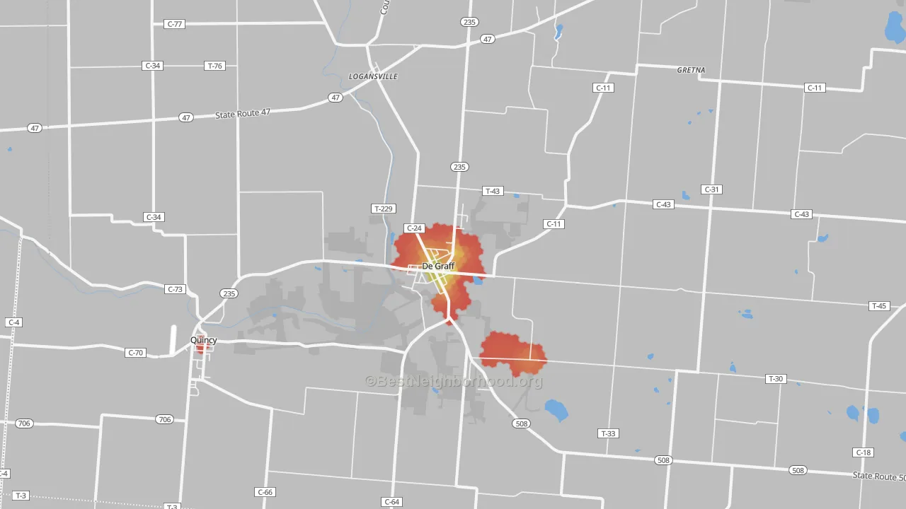 Walk Grade map of 43318, OH, walkable areas in green and car-dependent areas in red