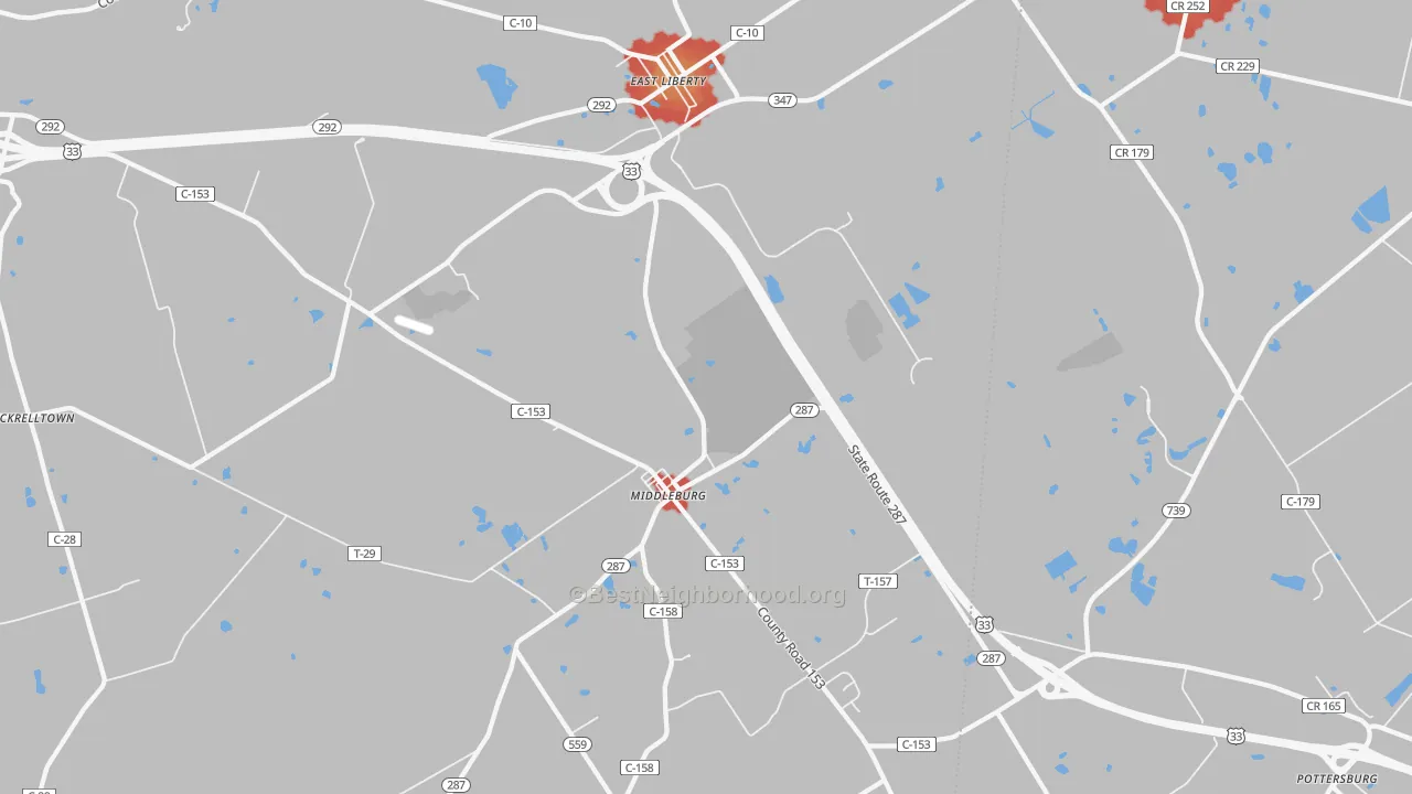 Walk Grade map of 43319, OH, walkable areas in green and car-dependent areas in red