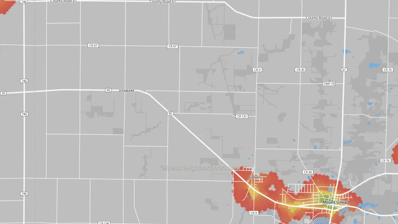 Walk Grade map of 43320, OH, walkable areas in green and car-dependent areas in red