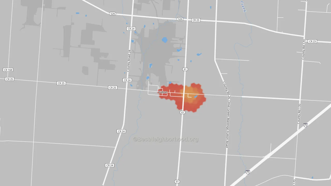 Walk Grade map of 43321, OH, walkable areas in green and car-dependent areas in red