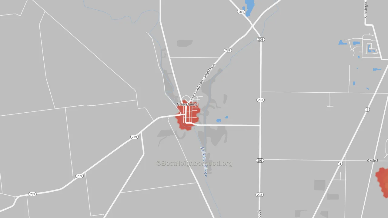 Walk Grade map of 43322, OH, walkable areas in green and car-dependent areas in red