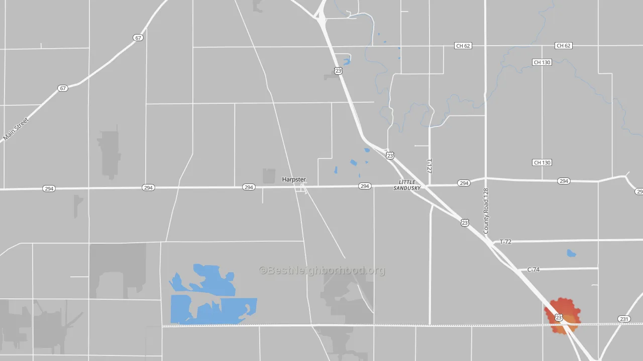 Walk Grade map of 43323, OH, walkable areas in green and car-dependent areas in red