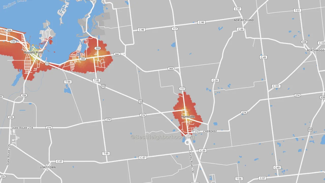 Walk Grade map of 43324, OH, walkable areas in green and car-dependent areas in red