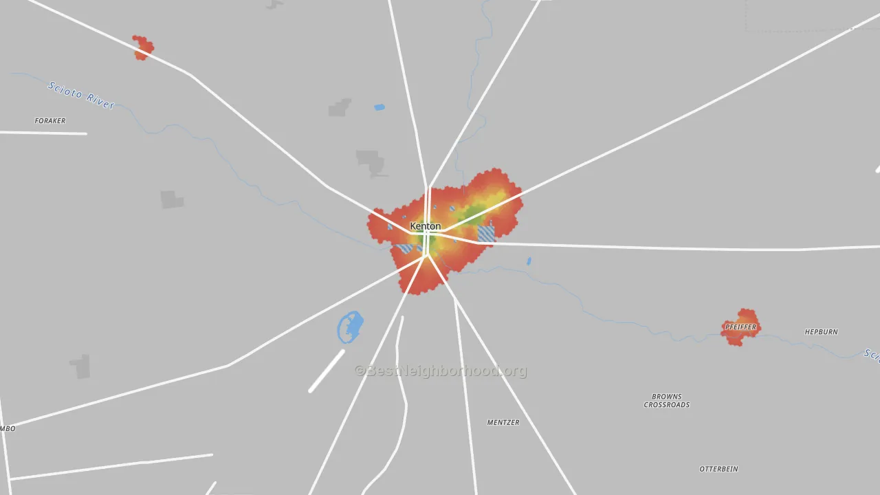 Walk Grade map of 43326, OH, walkable areas in green and car-dependent areas in red