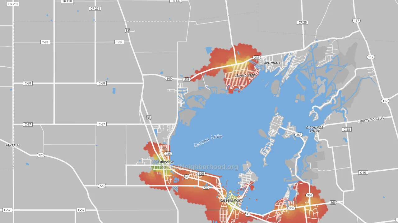 Walk Grade map of 43331, OH, walkable areas in green and car-dependent areas in red