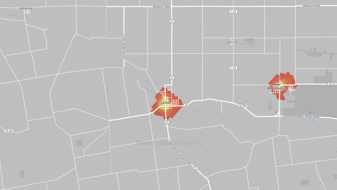 Walk Grade map of 43332, OH, walkable areas in green and car-dependent areas in red