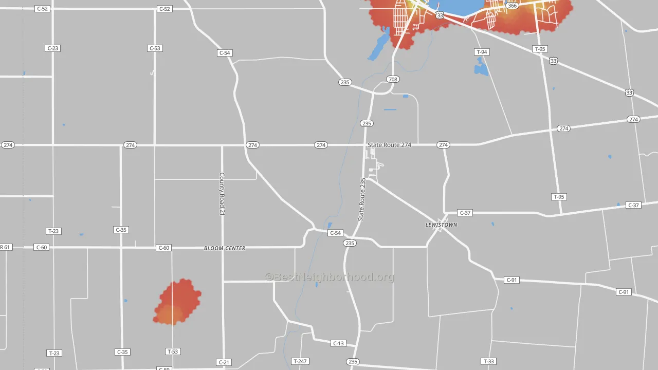 Walk Grade map of 43333, OH, walkable areas in green and car-dependent areas in red