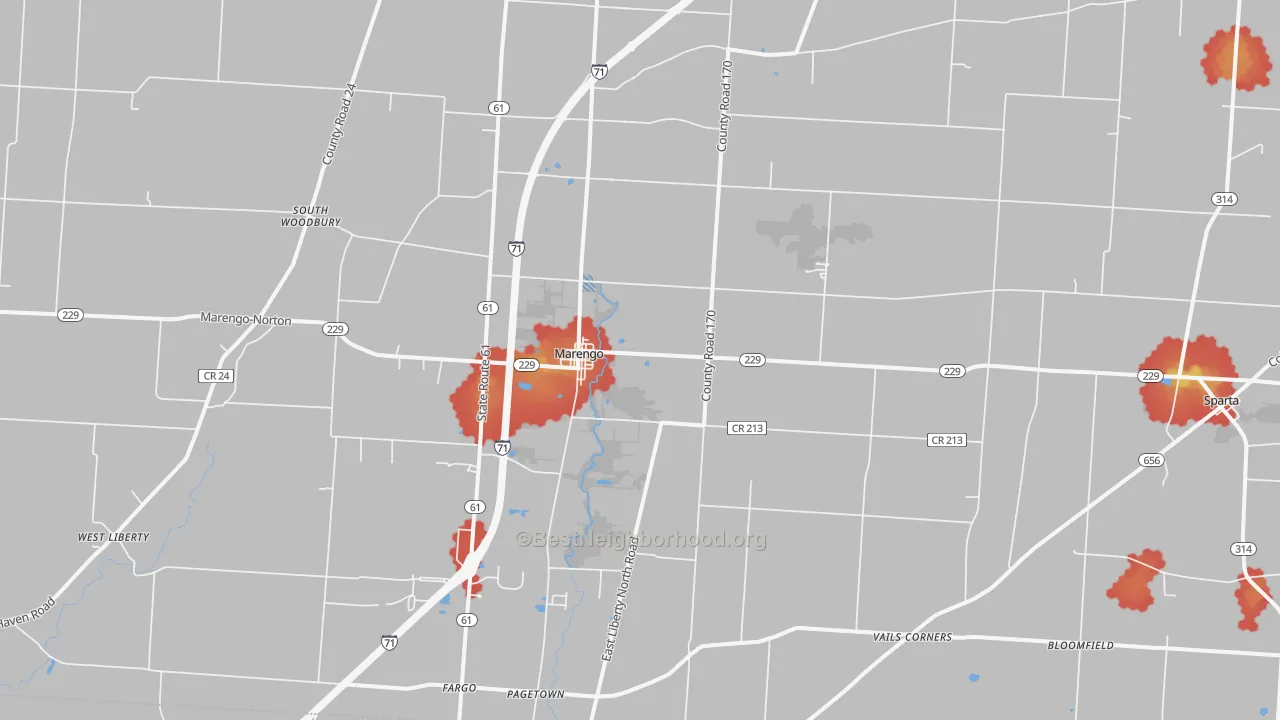 Walk Grade map of 43334, OH, walkable areas in green and car-dependent areas in red