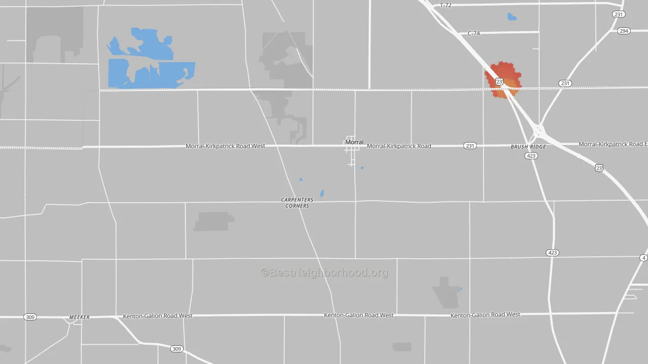 Walk Grade map of 43337, OH, walkable areas in green and car-dependent areas in red
