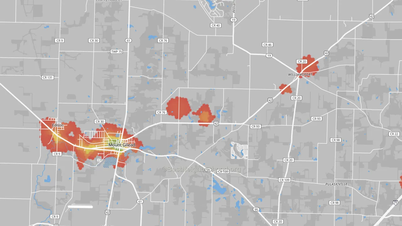 Walk Grade map of 43338, OH, walkable areas in green and car-dependent areas in red