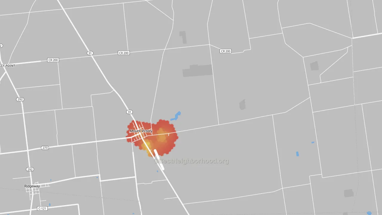 Walk Grade map of 43340, OH, walkable areas in green and car-dependent areas in red