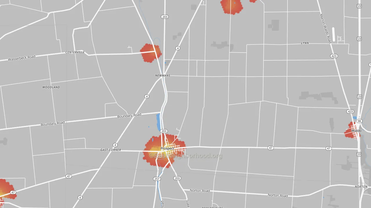 Walk Grade map of 43342, OH, walkable areas in green and car-dependent areas in red