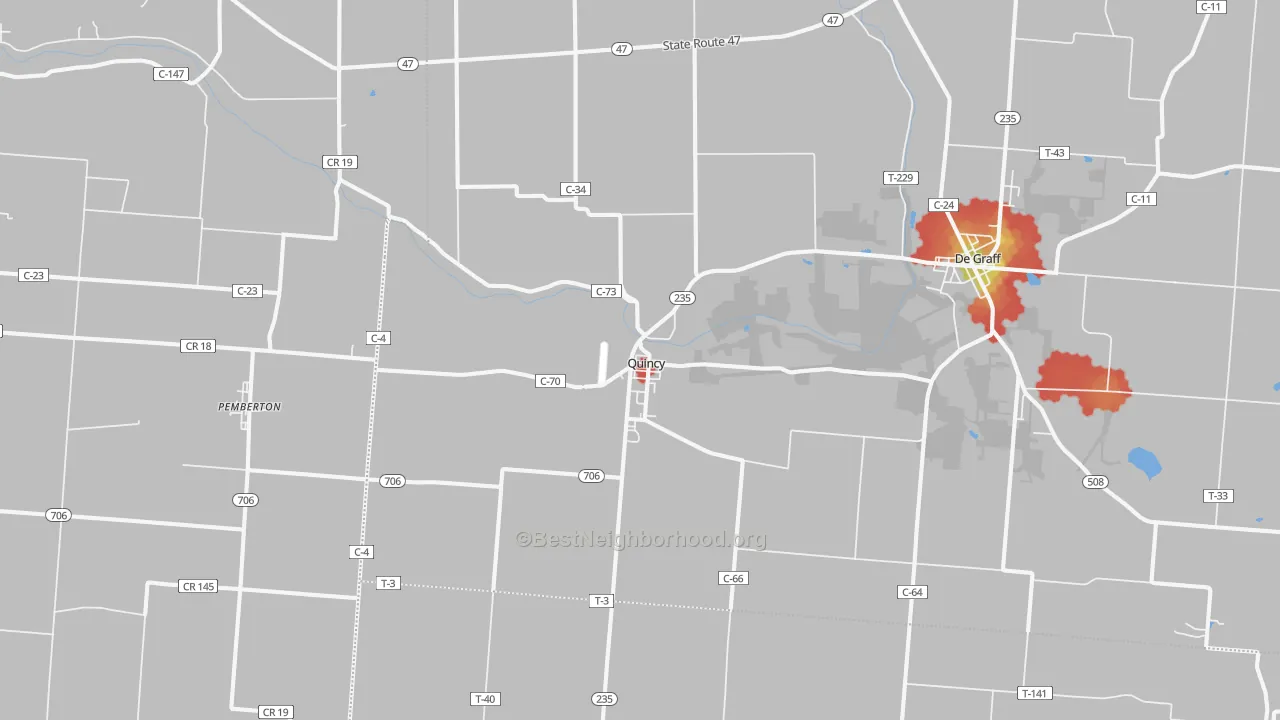 Walk Grade map of 43343, OH, walkable areas in green and car-dependent areas in red
