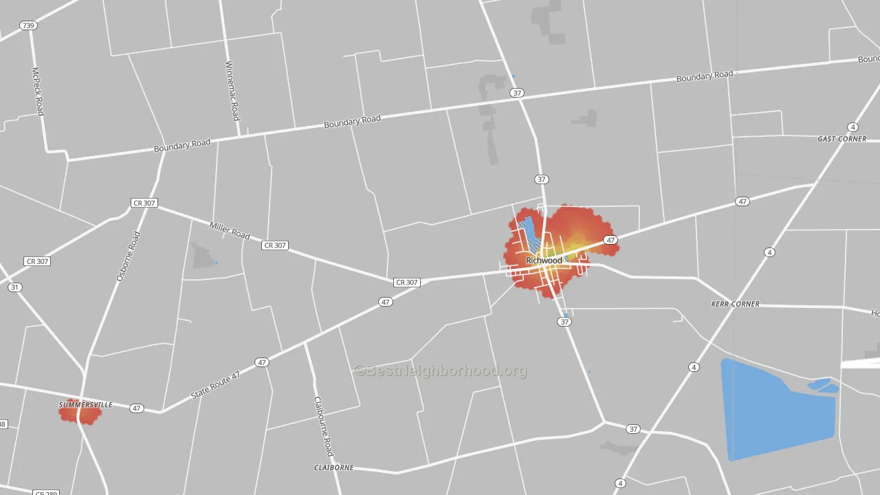 Walk Grade map of 43344, OH, walkable areas in green and car-dependent areas in red