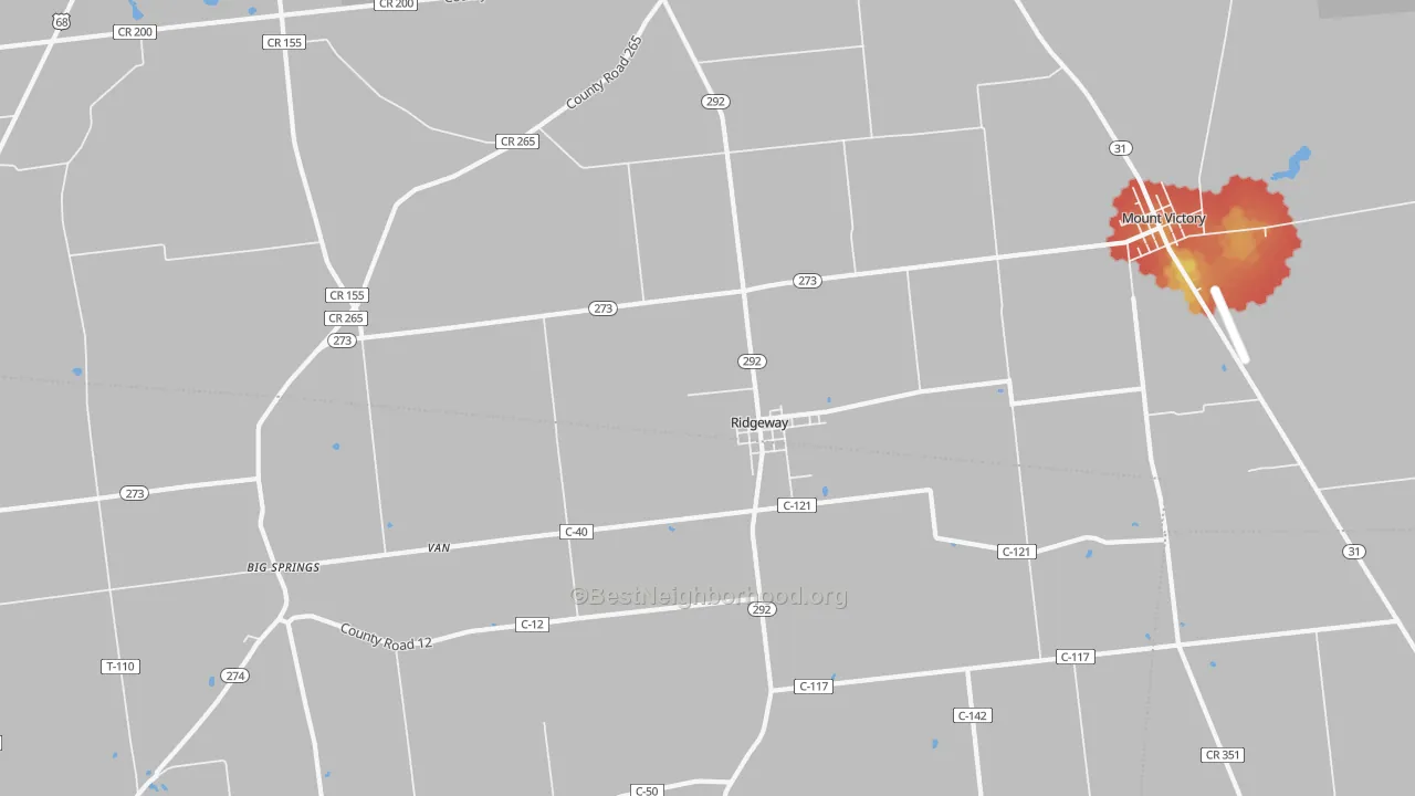 Walk Grade map of 43345, OH, walkable areas in green and car-dependent areas in red