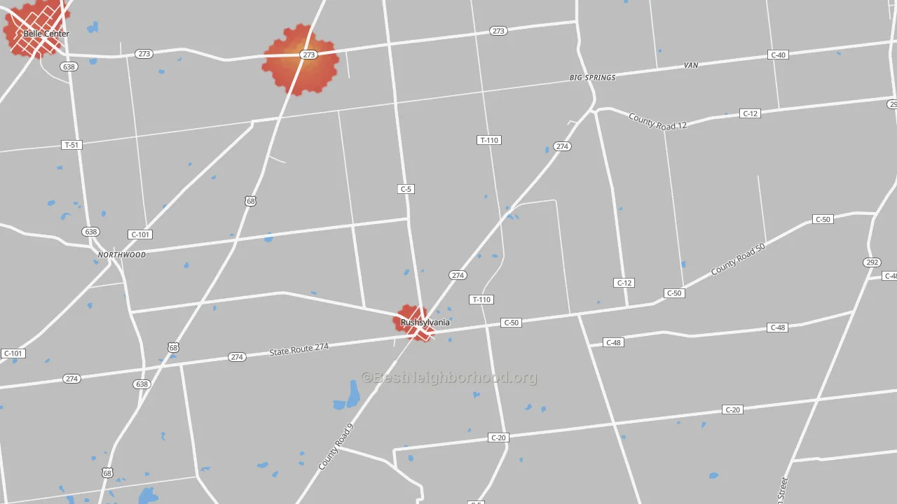 Walk Grade map of 43347, OH, walkable areas in green and car-dependent areas in red
