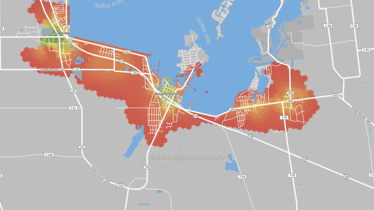 Walk Grade map of 43348, OH, walkable areas in green and car-dependent areas in red