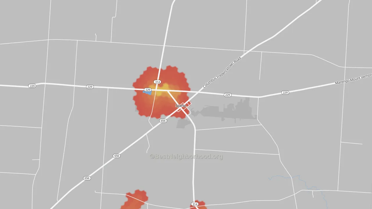 Walk Grade map of 43350, OH, walkable areas in green and car-dependent areas in red