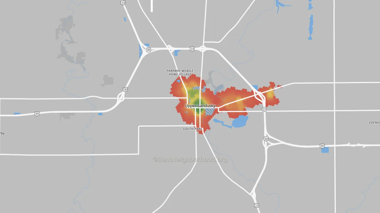 Walk Grade map of 43351, OH, walkable areas in green and car-dependent areas in red