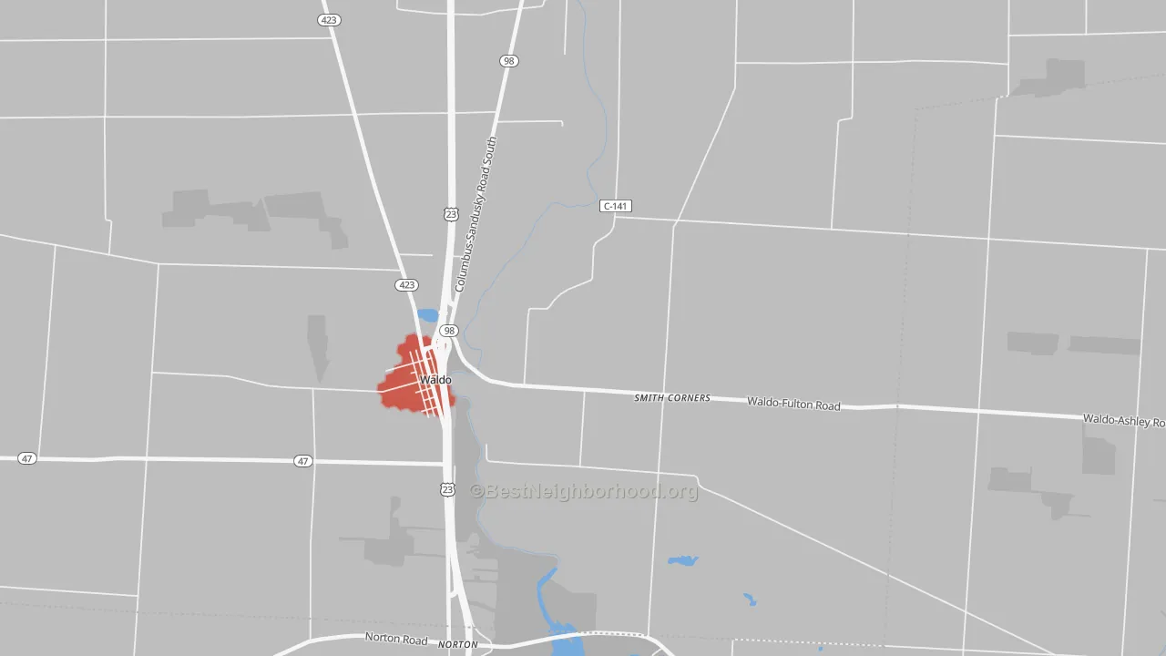 Walk Grade map of 43356, OH, walkable areas in green and car-dependent areas in red