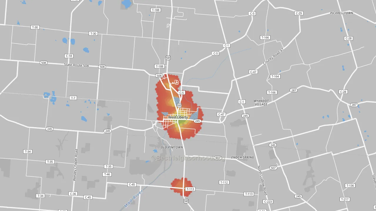 Walk Grade map of 43357, OH, walkable areas in green and car-dependent areas in red