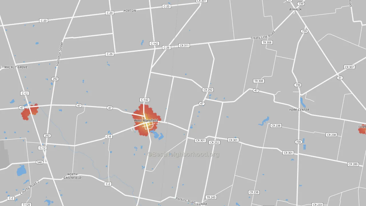 Walk Grade map of 43358, OH, walkable areas in green and car-dependent areas in red