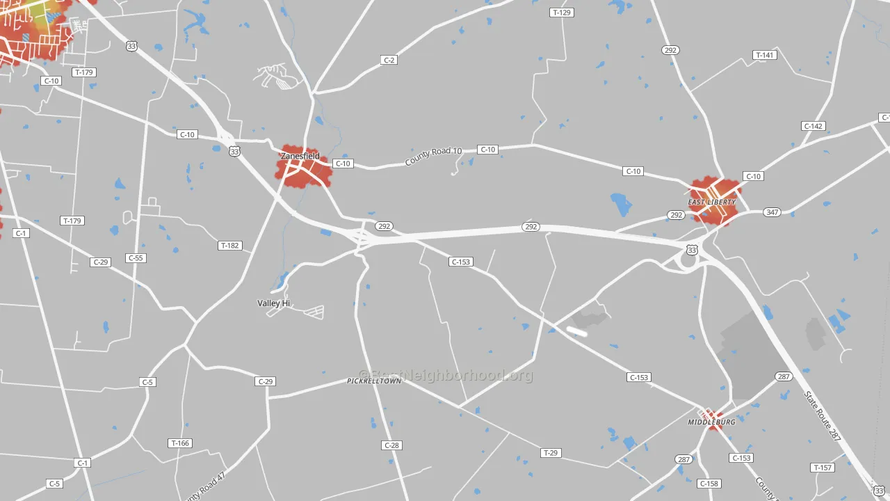Walk Grade map of 43360, OH, walkable areas in green and car-dependent areas in red
