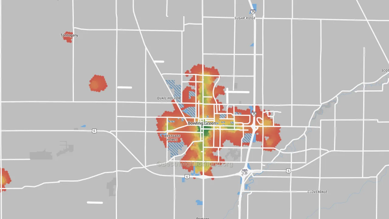 Walk Grade map of 43402, OH, walkable areas in green and car-dependent areas in red