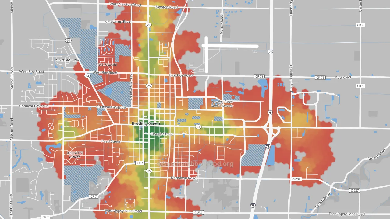Walk Grade map of 43403, OH, walkable areas in green and car-dependent areas in red