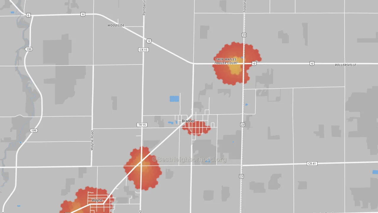 Walk Grade map of 43406, OH, walkable areas in green and car-dependent areas in red
