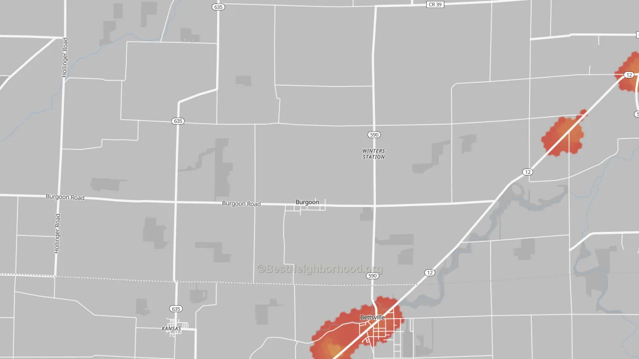 Walk Grade map of 43407, OH, walkable areas in green and car-dependent areas in red