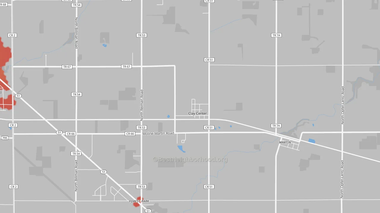 Walk Grade map of 43408, OH, walkable areas in green and car-dependent areas in red