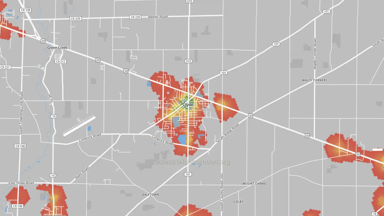 Walk Grade map of 43410, OH, walkable areas in green and car-dependent areas in red