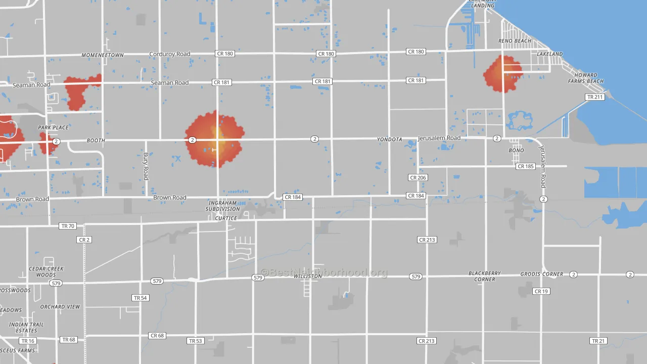 Walk Grade map of 43412, OH, walkable areas in green and car-dependent areas in red