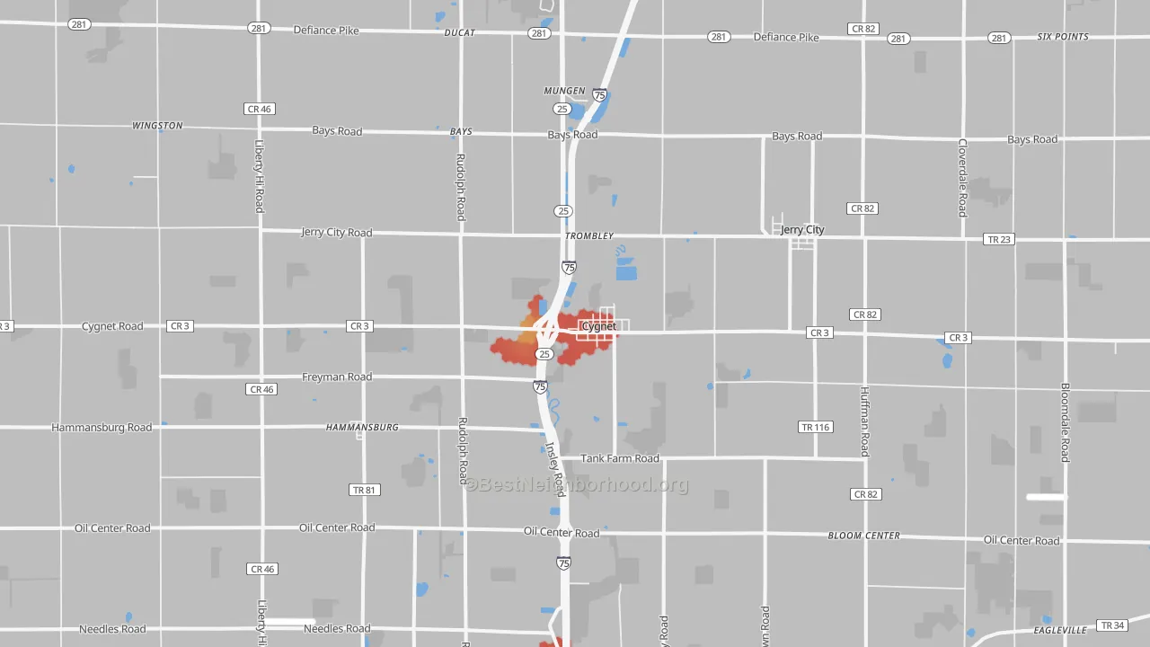 Walk Grade map of 43413, OH, walkable areas in green and car-dependent areas in red