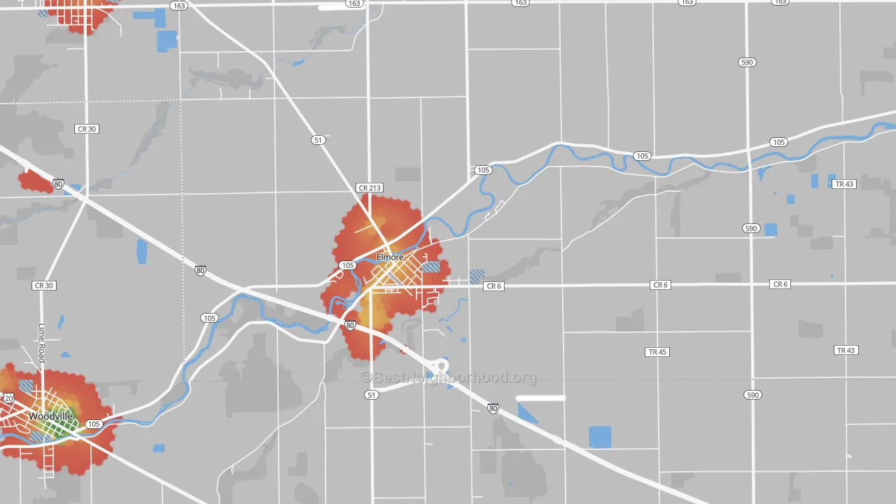 Walk Grade map of 43416, OH, walkable areas in green and car-dependent areas in red