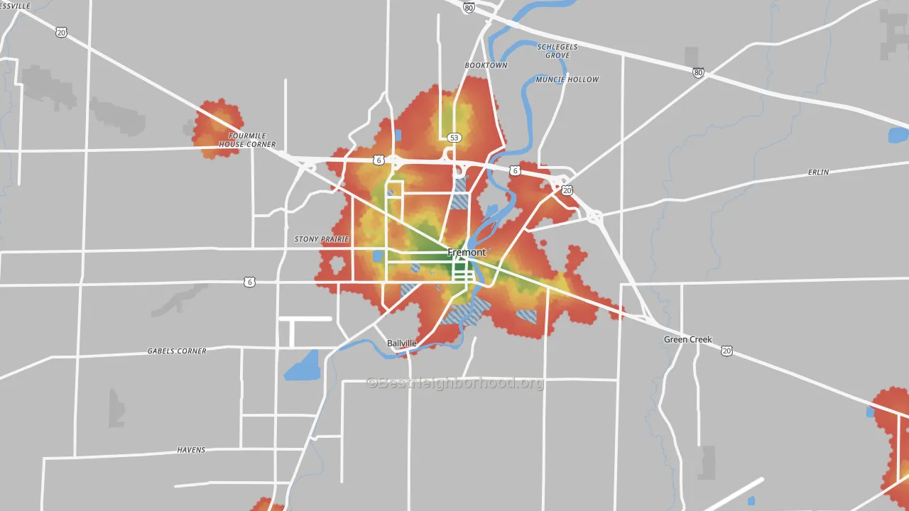 Walk Grade map of 43420, OH, walkable areas in green and car-dependent areas in red