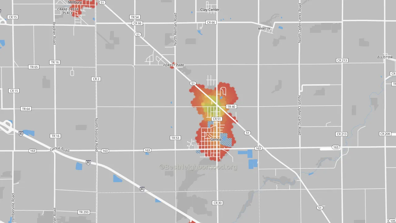 Walk Grade map of 43430, OH, walkable areas in green and car-dependent areas in red