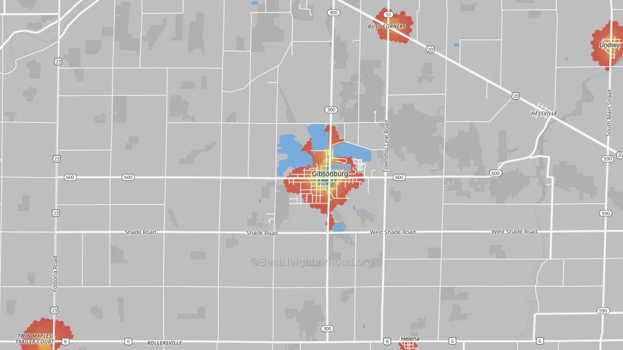 Walk Grade map of 43431, OH, walkable areas in green and car-dependent areas in red