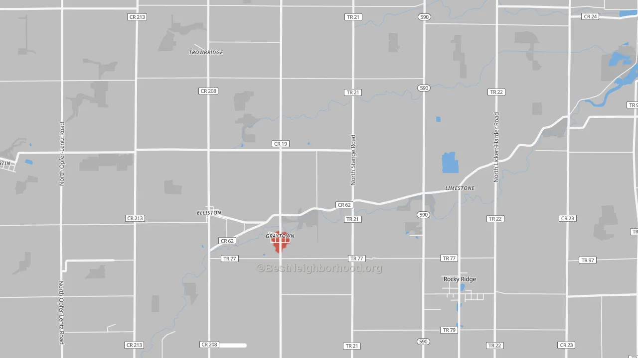 Walk Grade map of 43432, OH, walkable areas in green and car-dependent areas in red