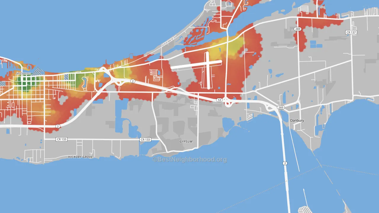 Walk Grade map of 43433, OH, walkable areas in green and car-dependent areas in red