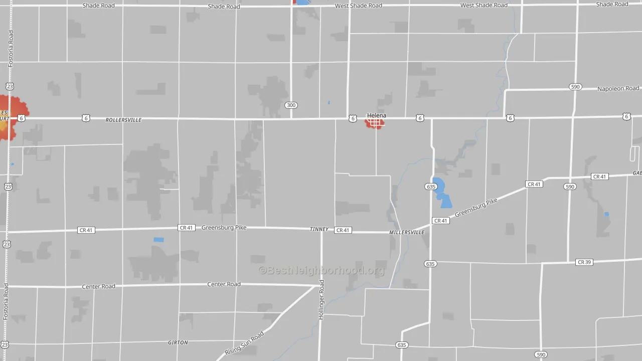 Walk Grade map of 43435, OH, walkable areas in green and car-dependent areas in red