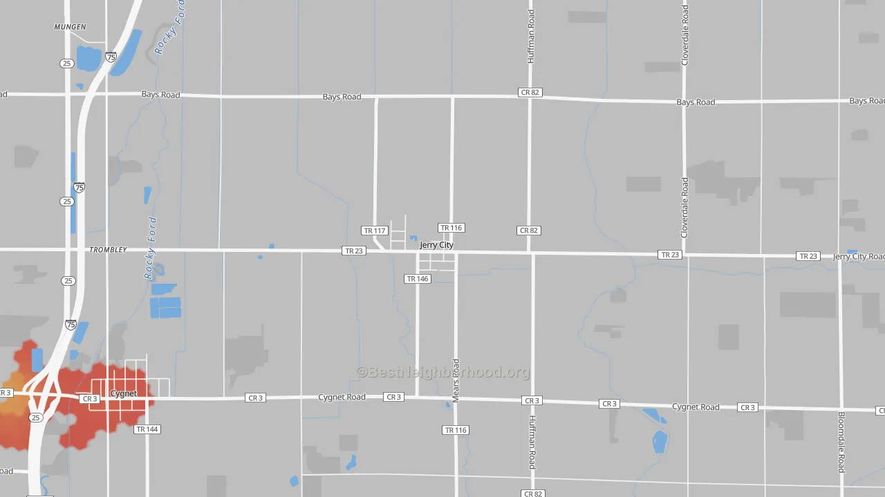 Walk Grade map of 43437, OH, walkable areas in green and car-dependent areas in red