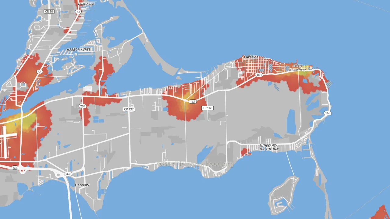 Walk Grade map of 43440, OH, walkable areas in green and car-dependent areas in red
