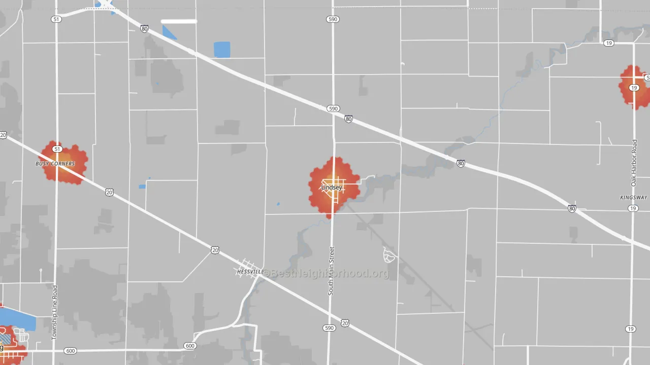 Walk Grade map of 43442, OH, walkable areas in green and car-dependent areas in red